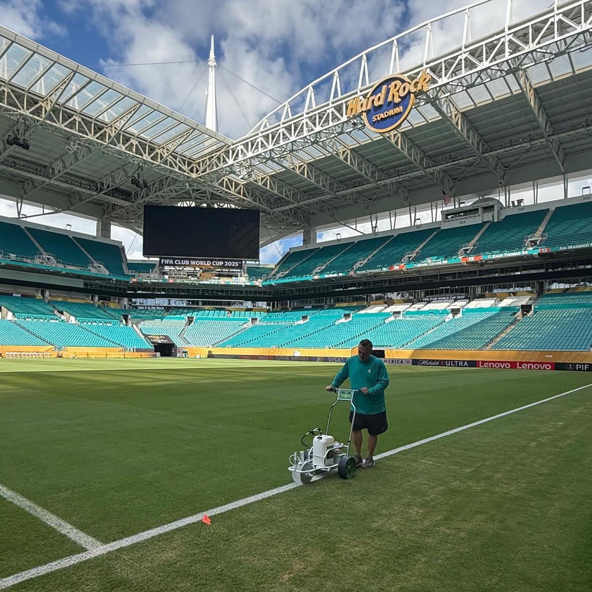 Pitchmark spray line marker marking the pitch at Hard Rock Stadium, Miami, for the FIFA Club World Cup 2025
